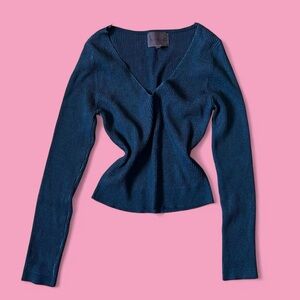 Dark Blue Ribbed V-Neck Sweater